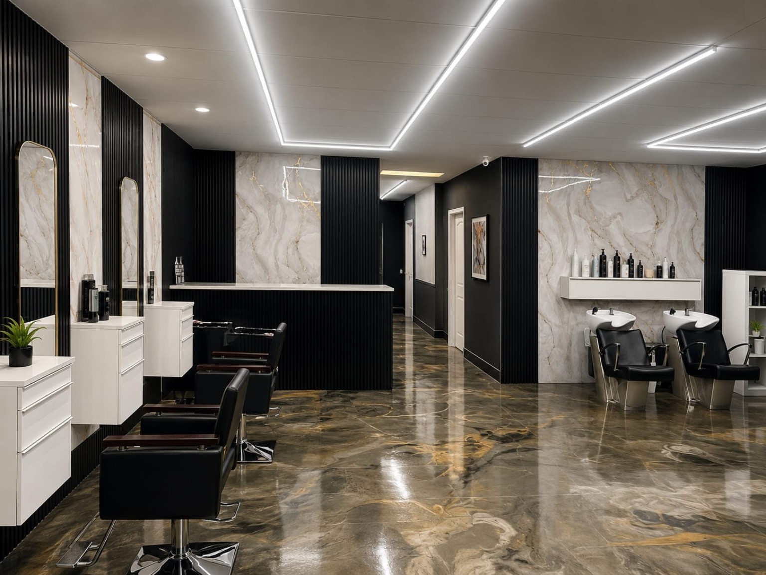 The hair wash area alongside the styling floor